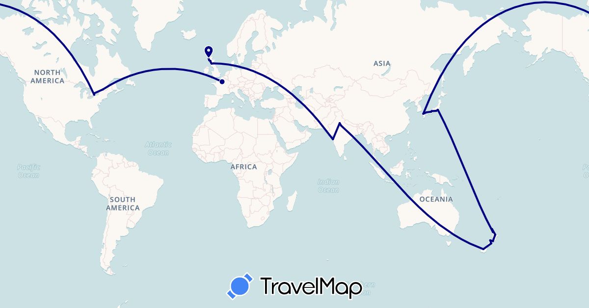 TravelMap itinerary: driving in Canada, France, United Kingdom, India, Japan, New Zealand (Asia, Europe, North America, Oceania)